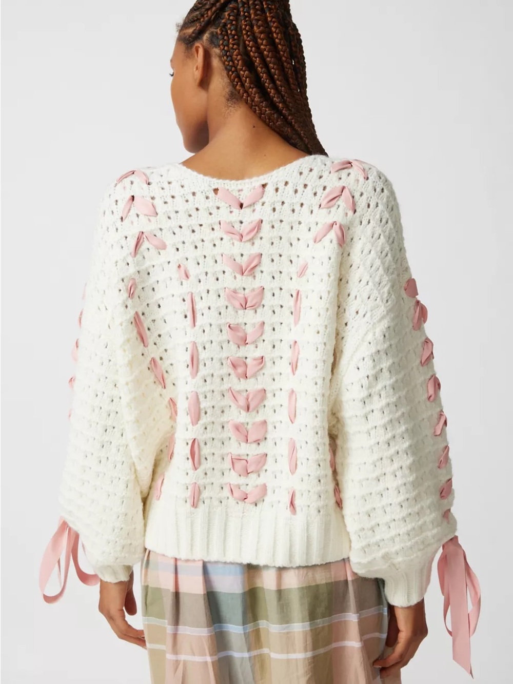 For Love & Lemons Laurel Oversized Cream & Pink Ribbon Sweater size small NEW - Picture 9 of 14
